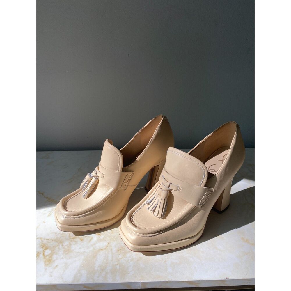 Sam Edelman Jed Platform Block Heel Leather Loafers Eggshell Retro Sz 8M - Picture 5 of 9